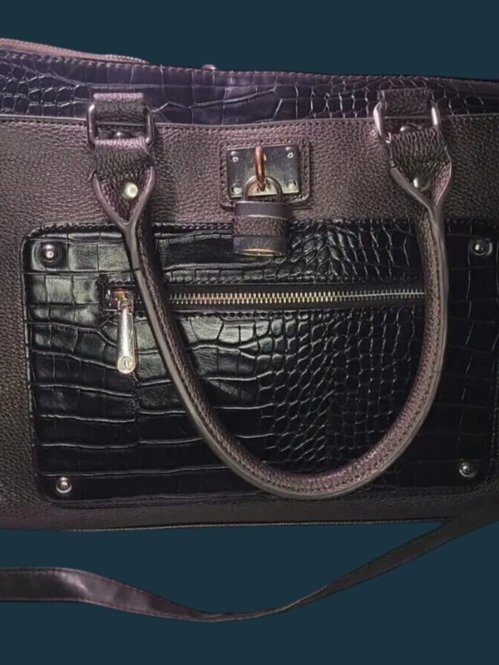 Charming Charlie Black Croc Embossed Lock Satchel Handbag Tote Crossbody Bag